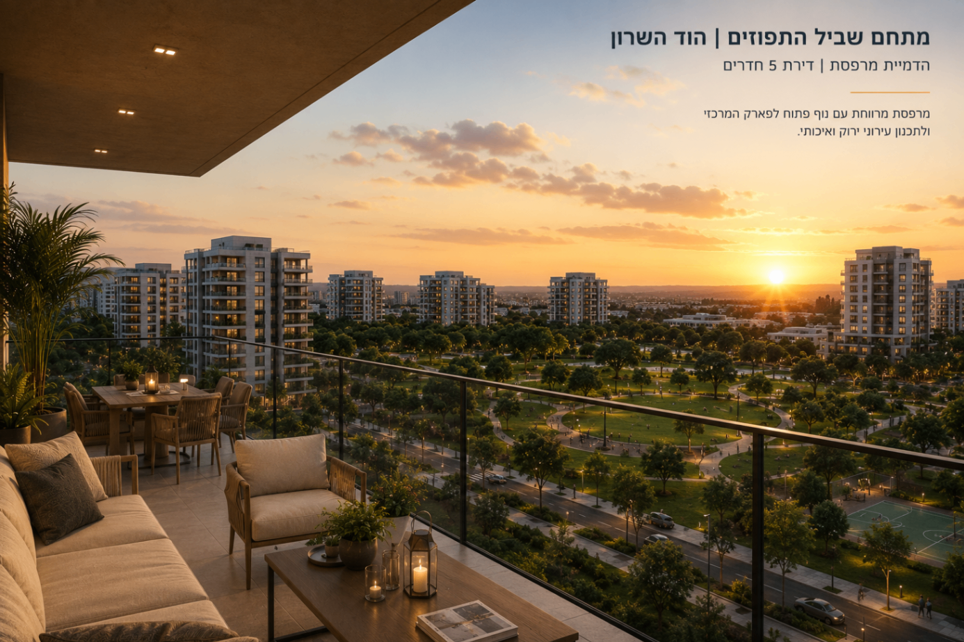 הדמיית מרפסת בשקיעה מול הפארק המרכזי