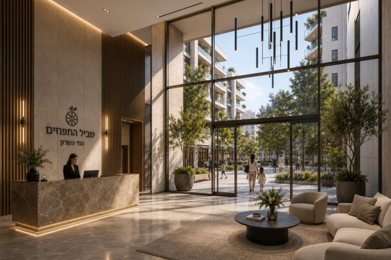הדמיית לובי הבניין במתחם שביל התפוזים