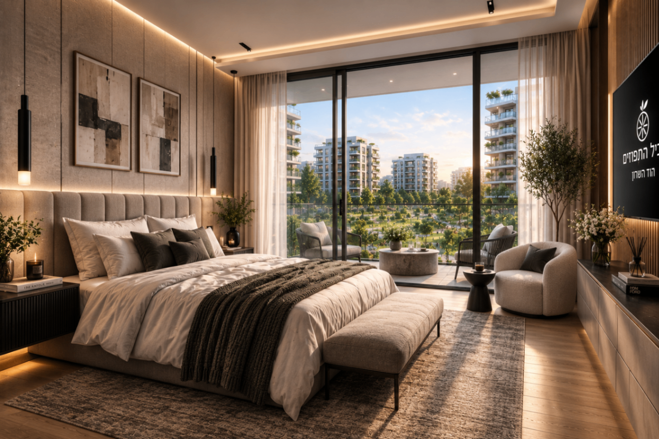 הדמיית חדר שינה ראשי עם נוף לפארק