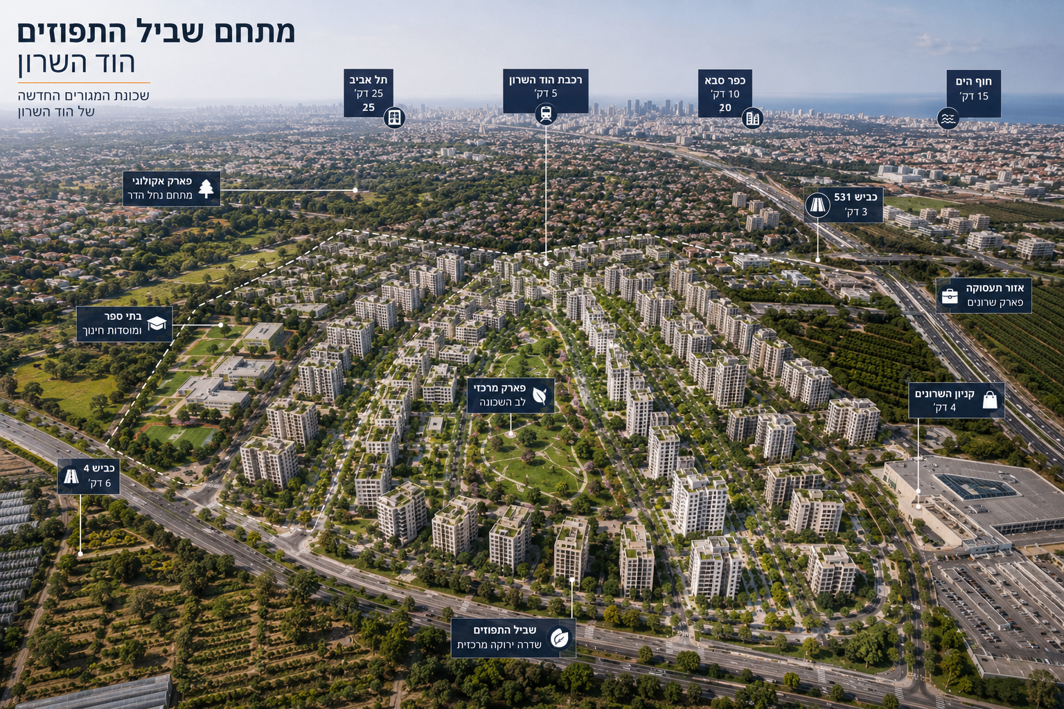 מפת מיקום מתחם שביל התפוזים והסביבה — צירי תחבורה, פארקים ותעסוקה